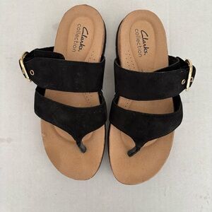 Clarks Black and Tan Women's Nubuck Sandals with Gold Toned Buckle 6 1/2M